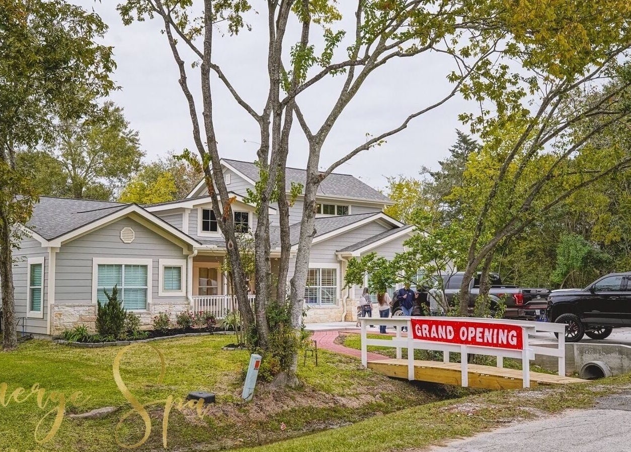 Energe Spa grand opening with elegant exterior surrounded by nature in Cypress, Texas, US.