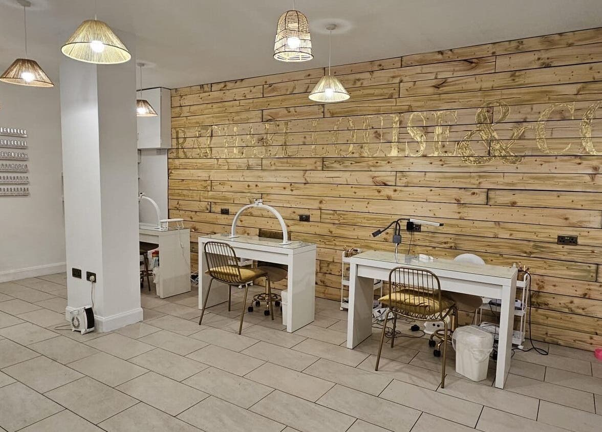 Chic interior of Rachael Louise & Co in Glasgow, Scotland, GB, showcasing stylish beauty workstations.