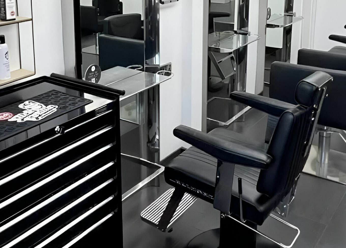 Modern salon chairs and mirrors at Maverick Hair Studio, Angmering, England, GB.
