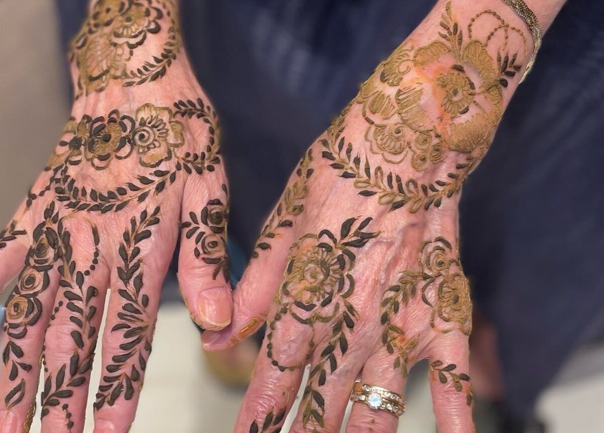 Intricate henna designs on hands at Blink & Wink in Janabiyah, Al-Muḥāfaẓat aš-Šamālīyah, BH.