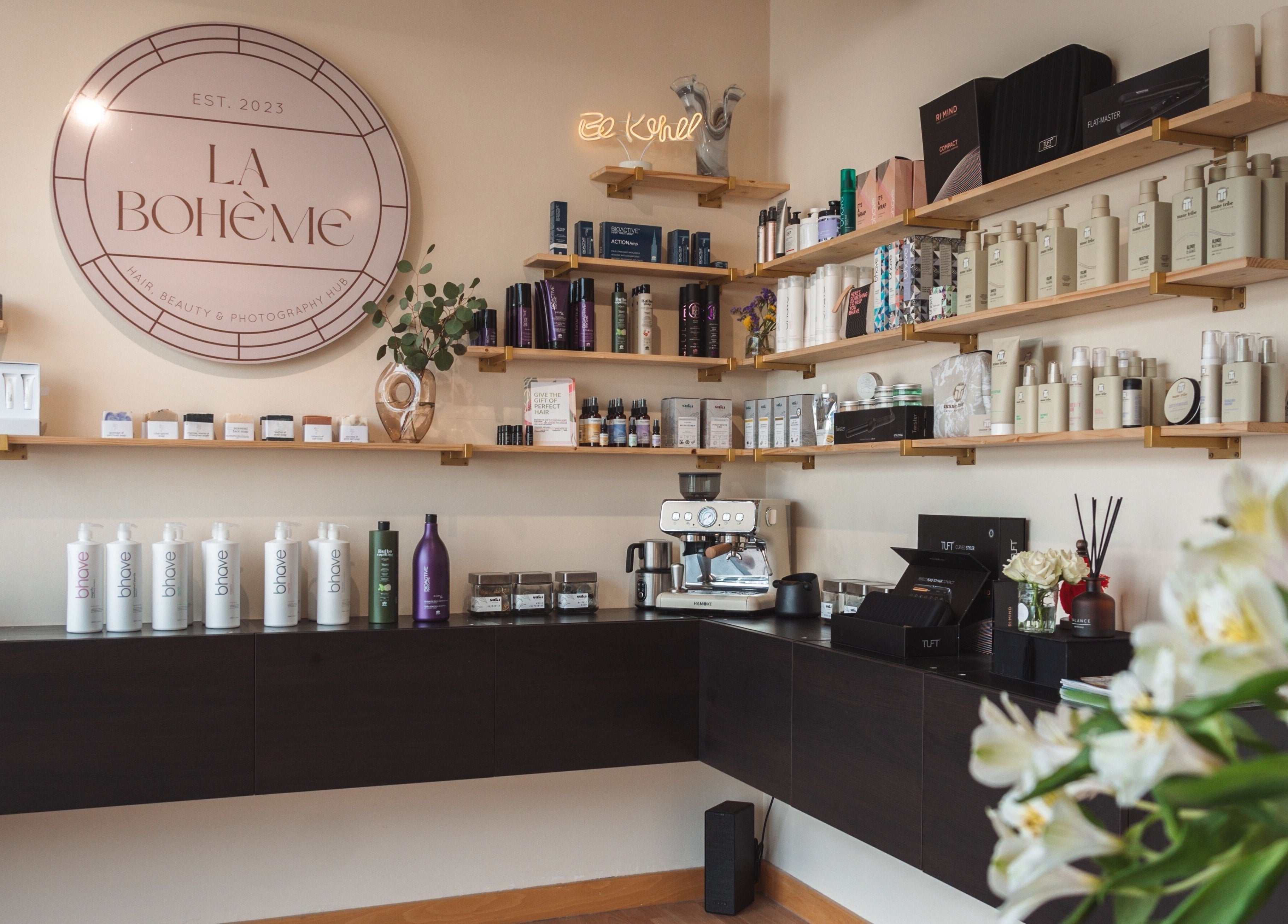Beauty products displayed on shelves at La Bohème Hub, Lisburn, Northern Ireland, GB.