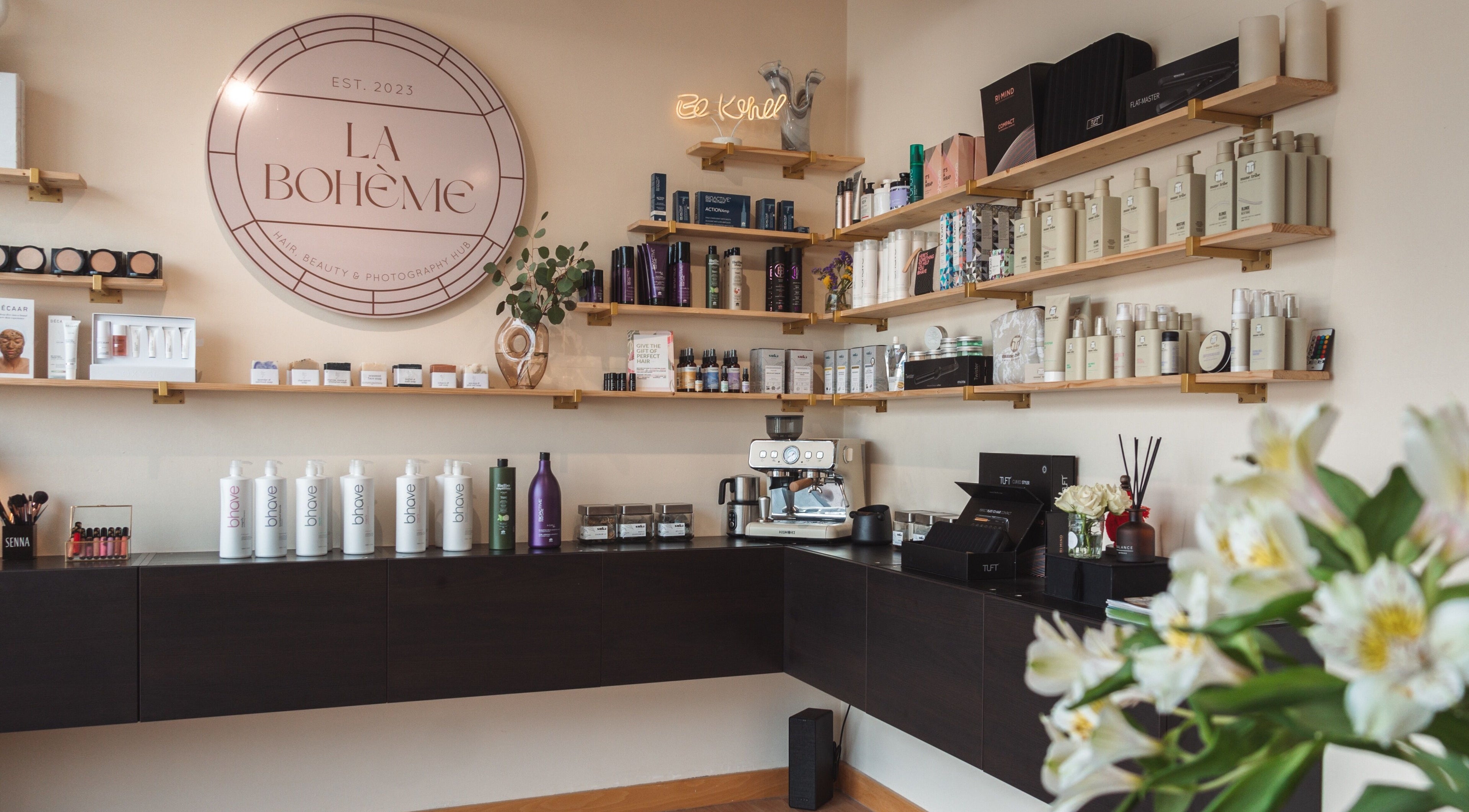 Beauty products displayed on shelves at La Bohème Hub, Lisburn, Northern Ireland, GB.