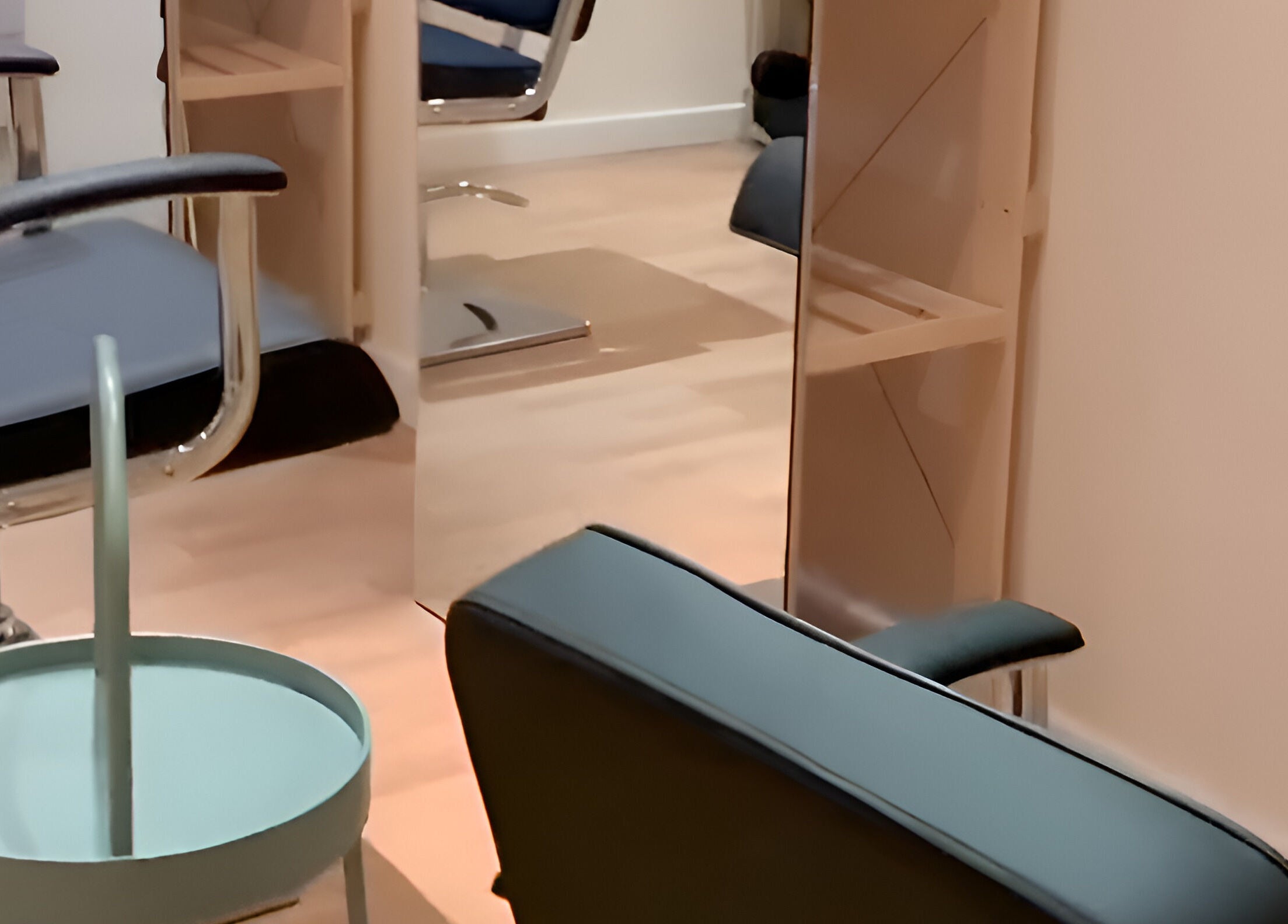 Modern salon chairs and stations at La Bohème Hub, Lisburn, Northern Ireland, GB.