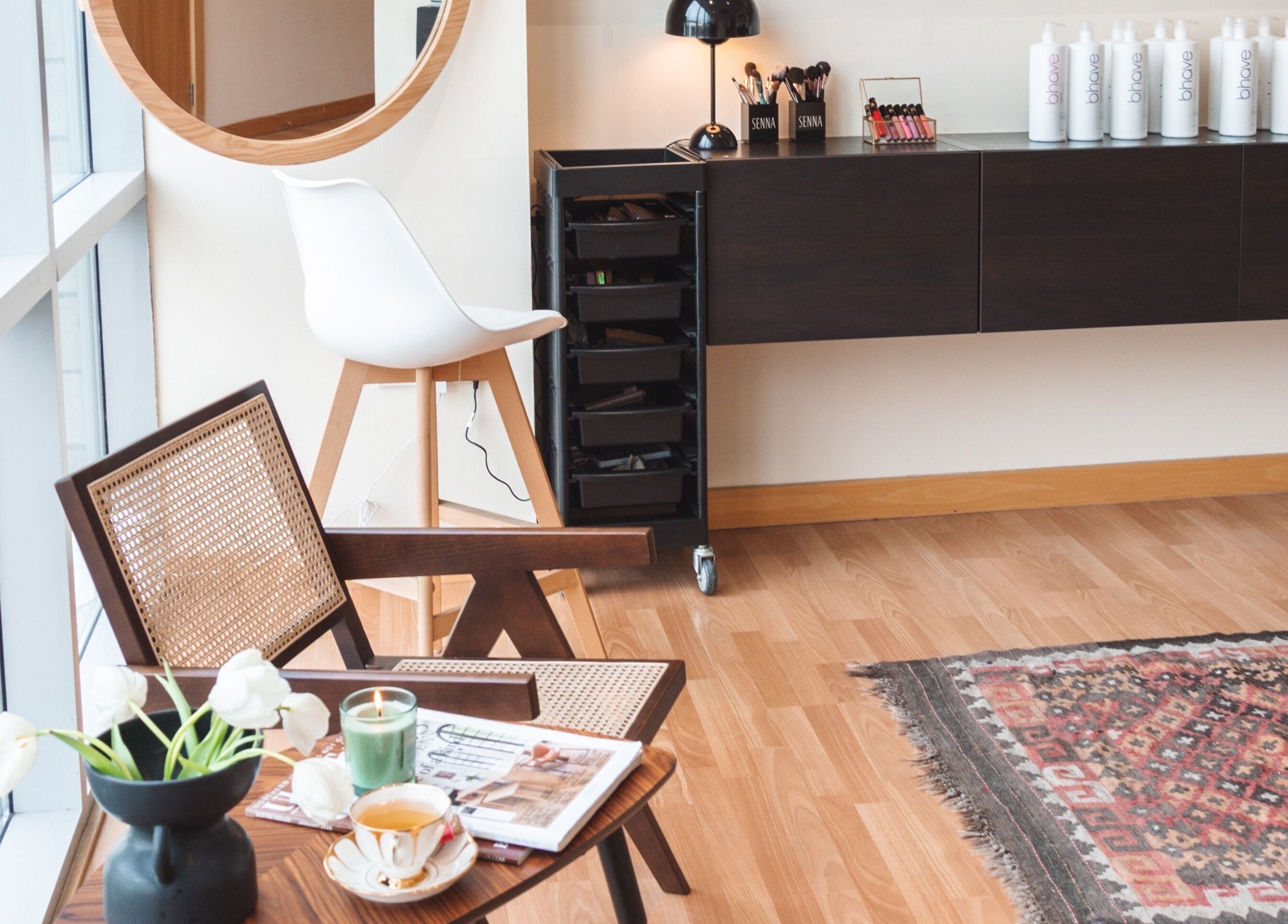 Elegant beauty corner at La Bohème Hub, Lisburn, Northern Ireland with modern decor and cozy ambiance.