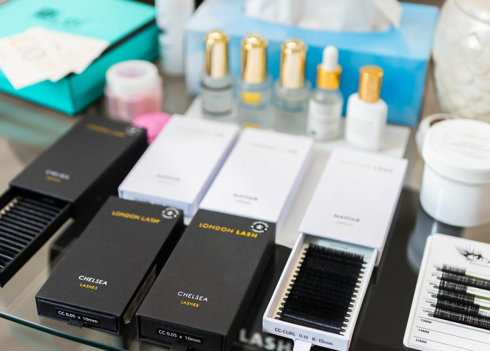 Beauty supplies at Lashes In Style, London, England, GB showcasing premium lash products and tools.