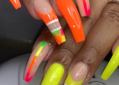 Vibrant neon nail designs at Head 2 Toes Beauty Palace in Bridgetown, Saint Michael, BB.