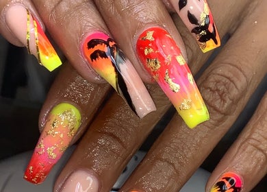 Colorful nail art at Head 2 Toes Beauty Palace in Bridgetown, Saint Michael, BB showcasing intricate designs.