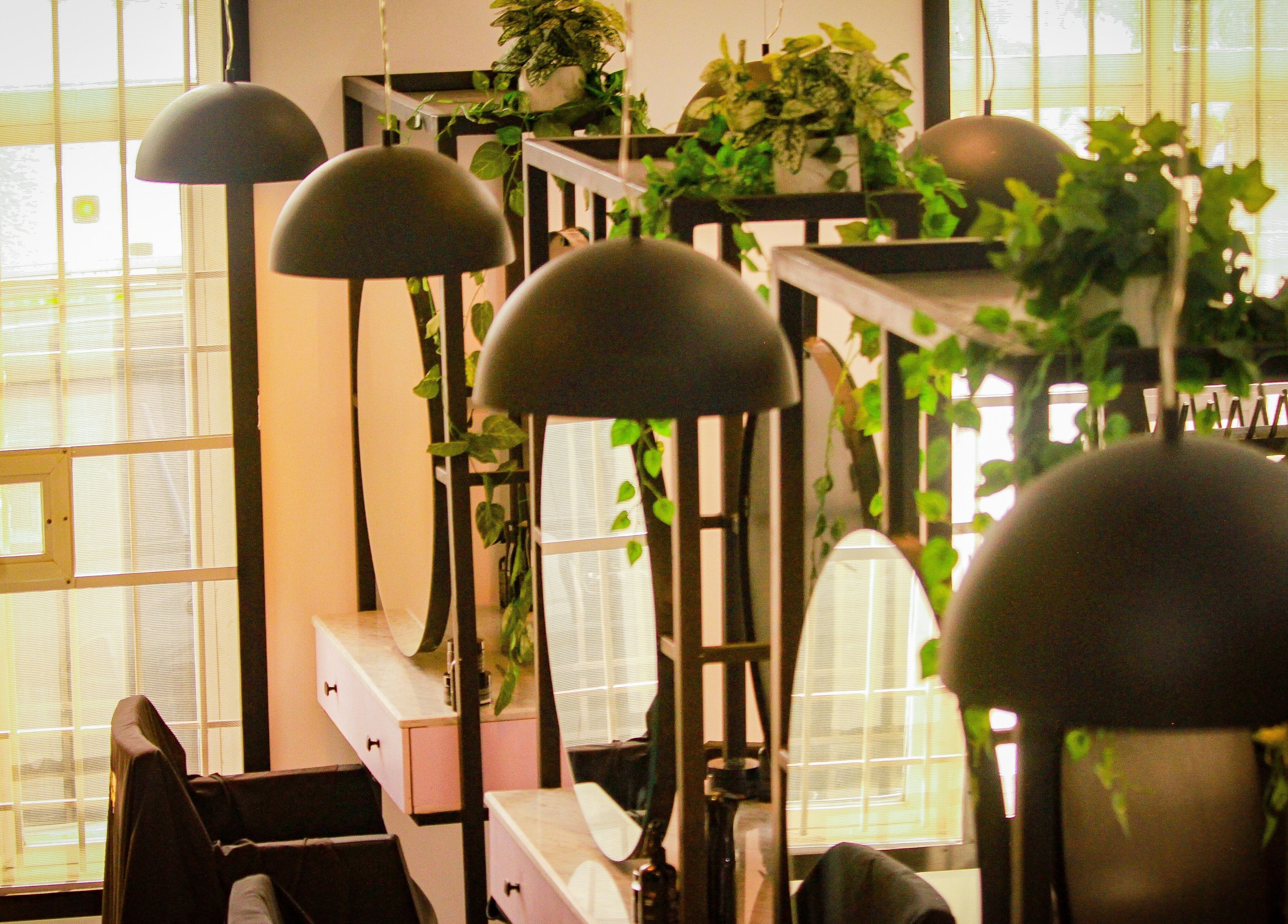 Chic salon chairs and mirrors at The Braiding Vault, Lekki, Lagos, NG, adorned with indoor plants.