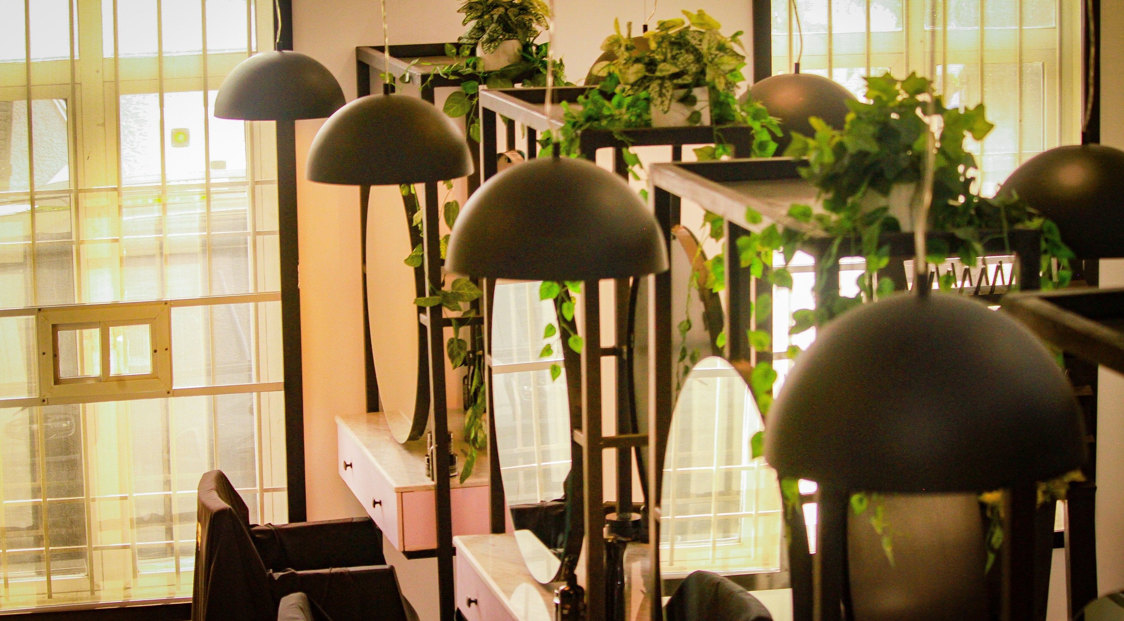 Chic salon chairs and mirrors at The Braiding Vault, Lekki, Lagos, NG, adorned with indoor plants.
