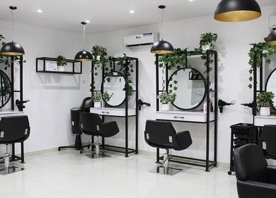 Chic salon setup at The Braiding Vault Signature, Lagos, Lagos, NG featuring modern stations with mirrors and plants.
