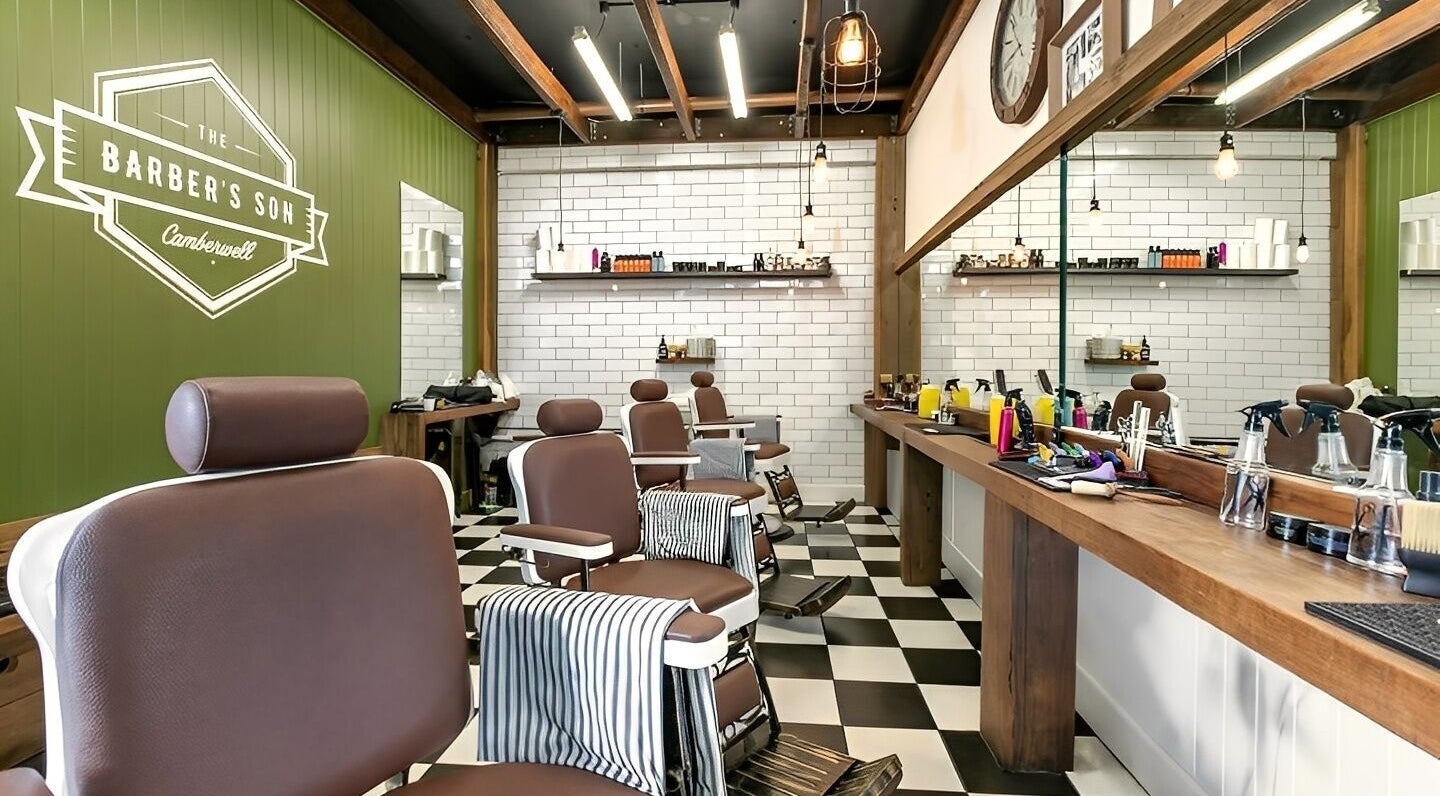 Interior of The Barbers Son Glenferrie, Melbourne, Victoria, AU featuring vintage chairs and grooming tools.