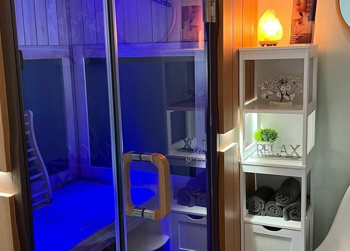 Relaxing spa room with ambient lighting at Skin Deep Day Spa, Cumberland, Maine, US.