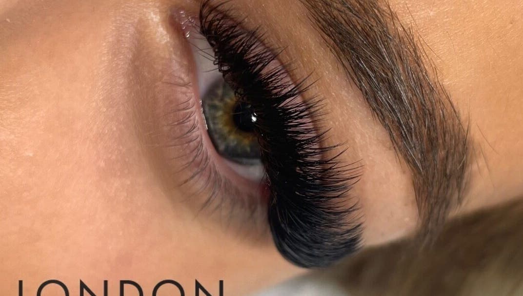 Close-up of lash extensions at Purkiss Beauty Academy, Houghton Regis, England, GB. Enhancing natural beauty.