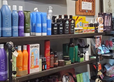 Wide array of beauty products on shelves at Rockin Rollers in Sierra Madre, California, US.