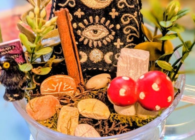 Eclectic decor at Rockin Rollers, Sierra Madre, California, US, featuring natural and mystical elements.