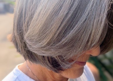 Stylish silver bob haircut at Rockin Rollers, Sierra Madre, California, US, showcasing sleek modern styling.