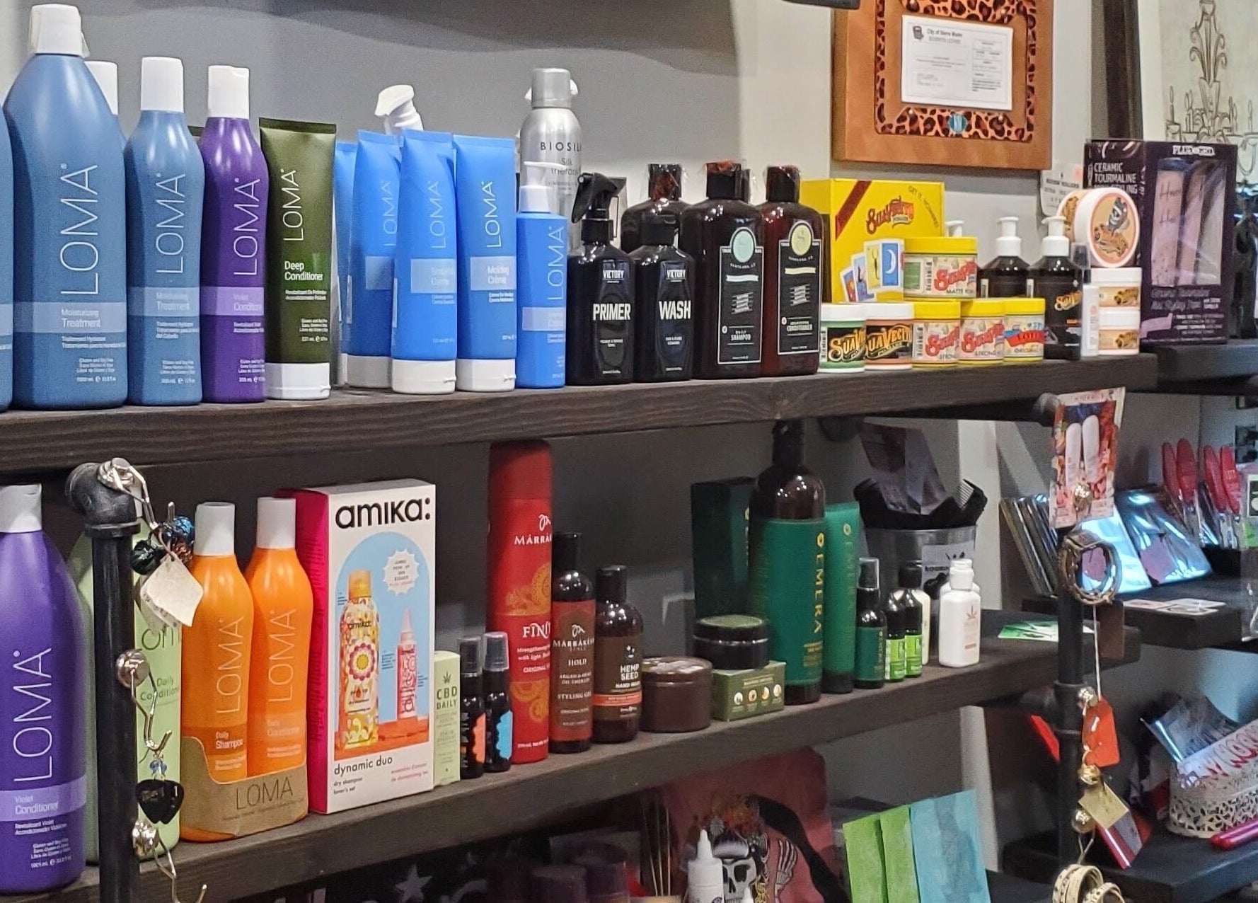 Rockin Rollers' beauty products display in Sierra Madre, California showcasing diverse haircare items.