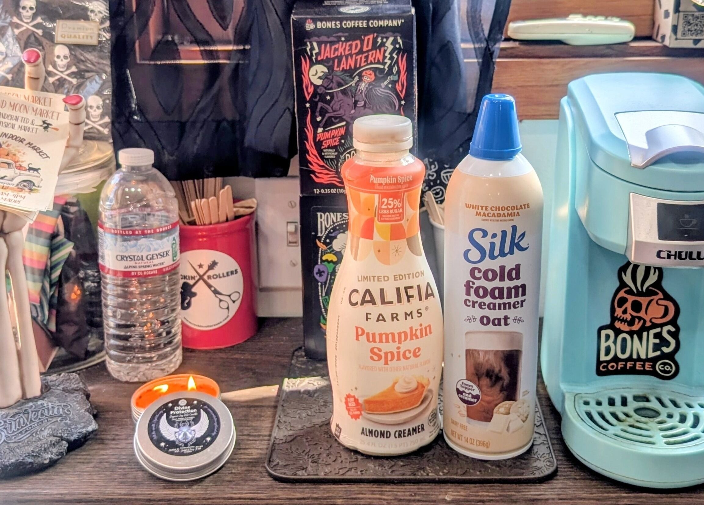 Rockin Rollers cafe setup featuring coffee creamer and machine in Sierra Madre, California, US.