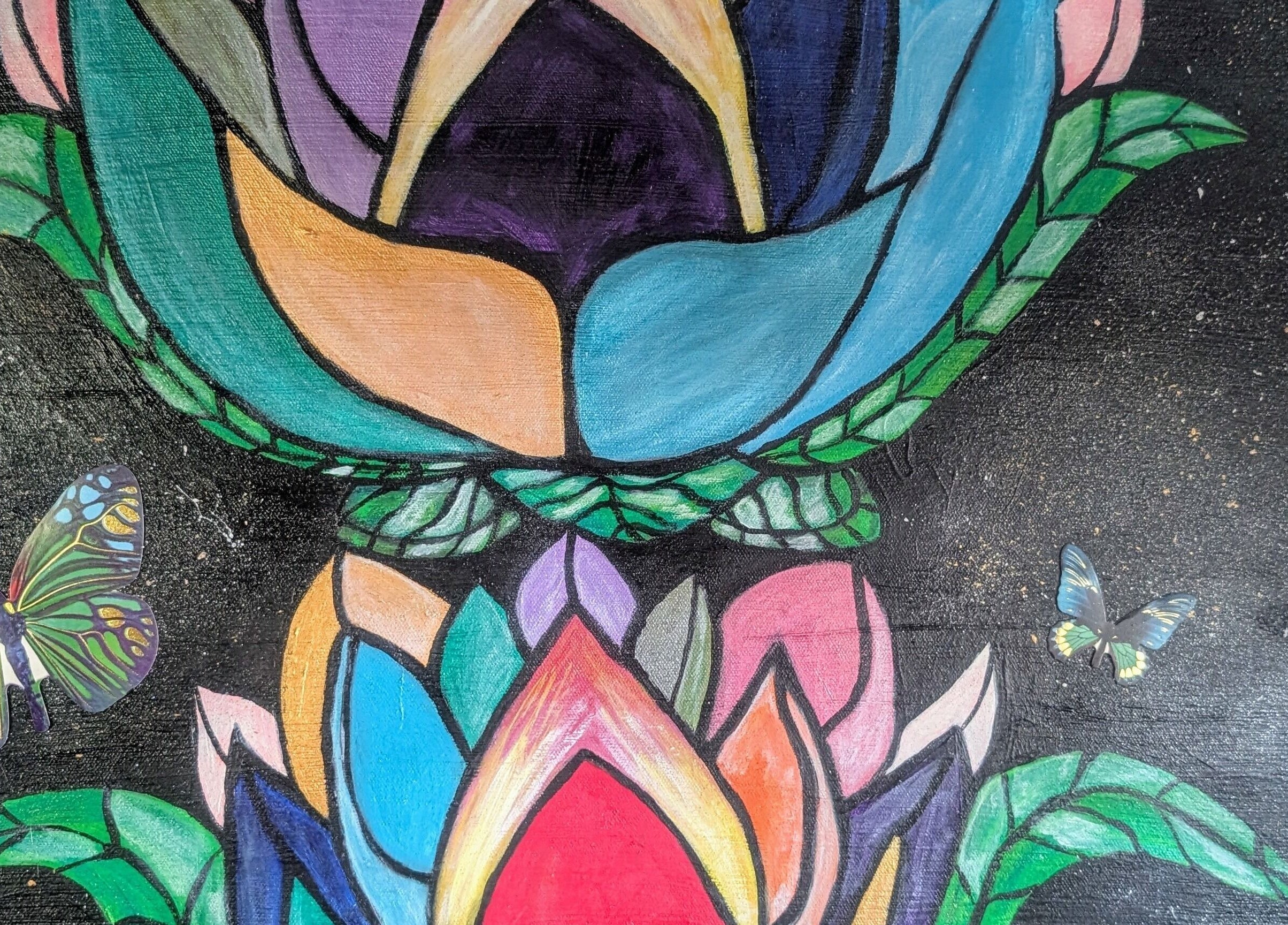 Colorful flower mural with butterflies at Rockin Rollers, Sierra Madre, California, US.