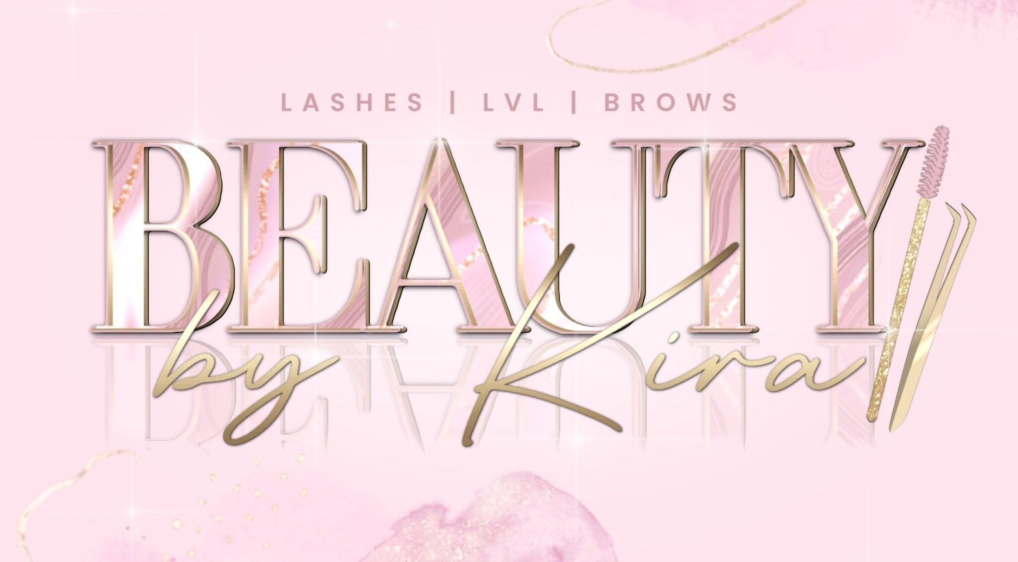 Stylish Beauty by Kira backdrop at Glam and Glow, Bradford, England, GB with lashes, LVL, and brows text.