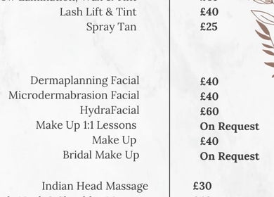 Service menu at The Glam Shack, Dunmow, England, GB highlighting various beauty treatments and prices.