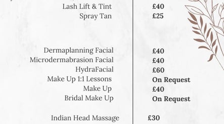 Service menu at The Glam Shack, Dunmow, England, GB highlighting various beauty treatments and prices.