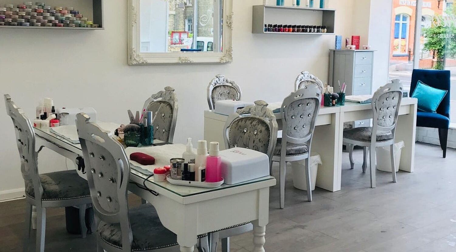 Elegant interior of Kameo Nail and Beauty Salon, Spilsby, England, GB showcasing stylish nail stations.