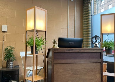 Reception area at Baliga Ayurveda & Skin Clinic in London, England, GB with plants and soft lighting.