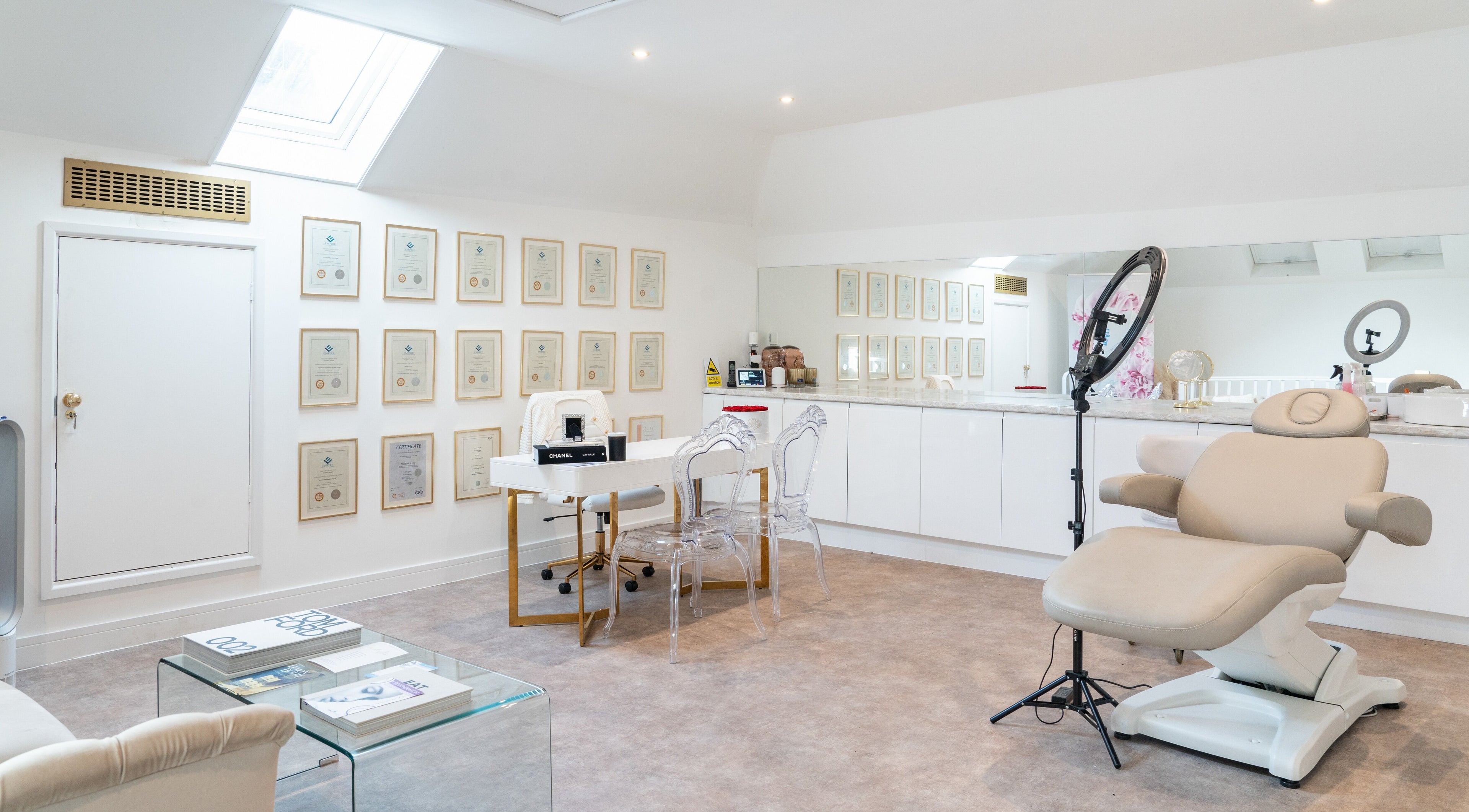 Bright, modern treatment room at Chichester Beauty Aesthetics in Chichester, England, GB, showcasing comfort and style.