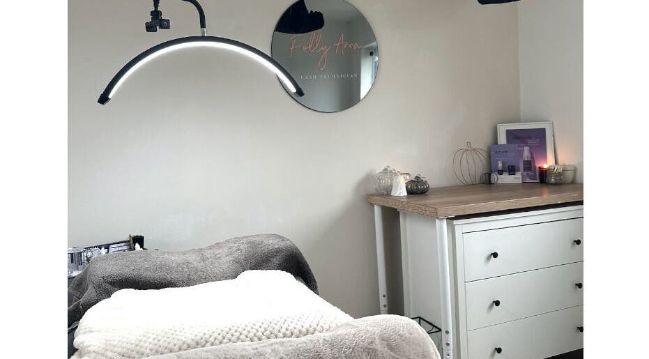 Cozy treatment area at Polly Anna Lashes, Daventry, England, GB with modern decor and gentle lighting.