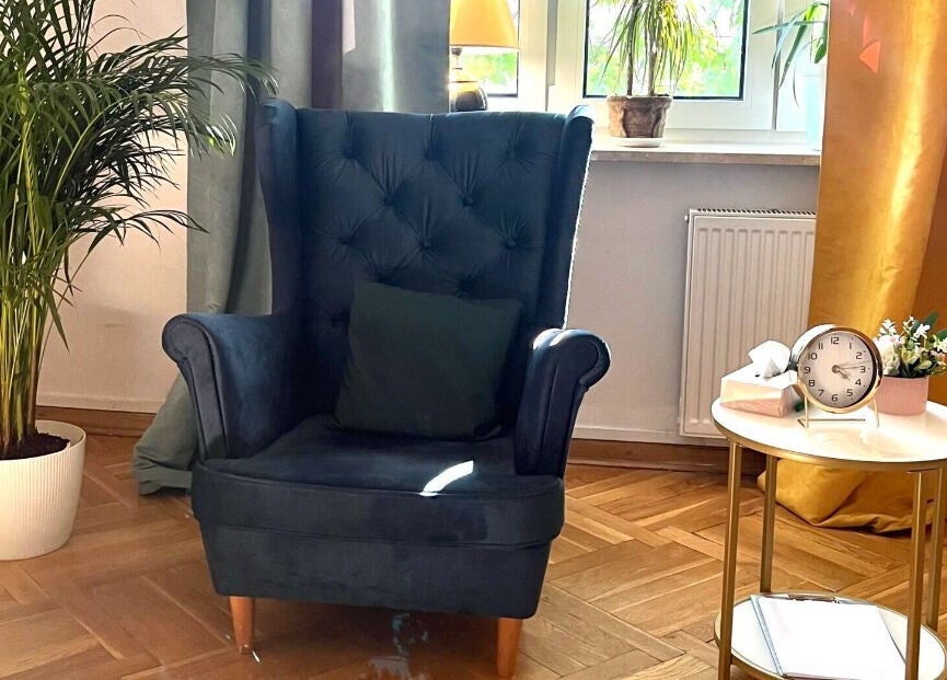 Stylowy kącik relaksu w Krotoszyńska, Warszawa, Mazowieckie, PL z fotelem i rośliną.