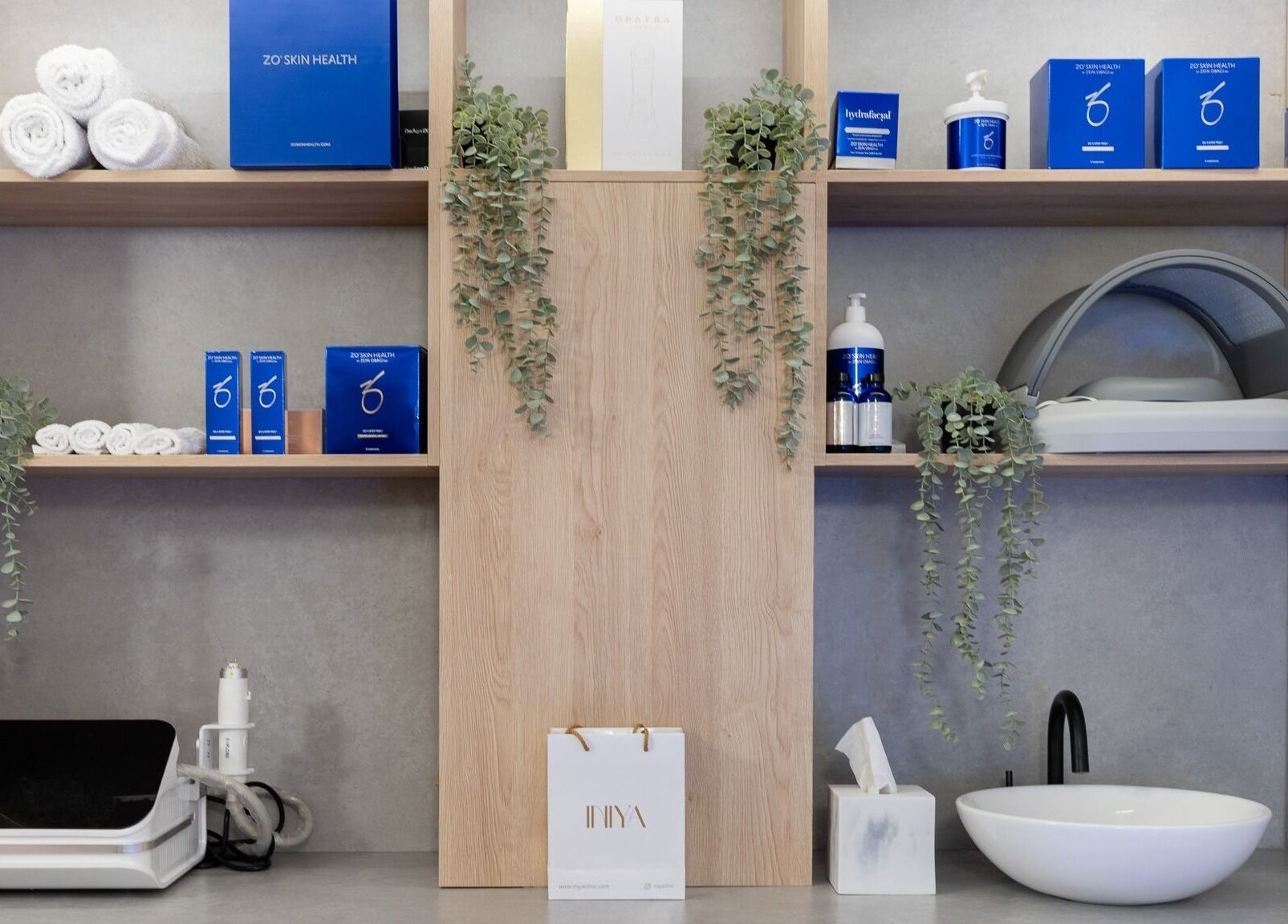 Elegant product display at INIYA Aesthetics & Laser Clinic, Stanmore, England, GB.