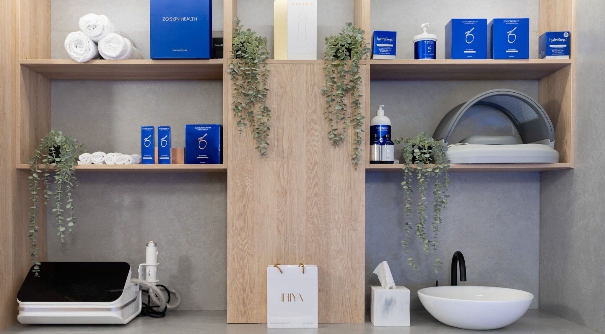 Elegant product display at INIYA Aesthetics & Laser Clinic, Stanmore, England, GB.