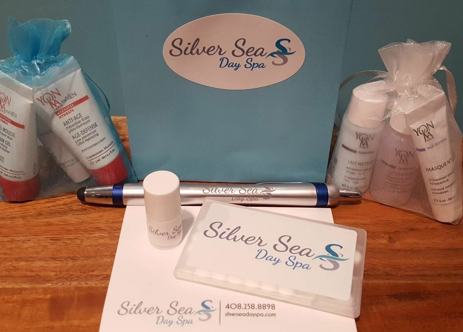 Silver Sea Day Spa gift bag with skincare and branded items in San Jose, California, US.
