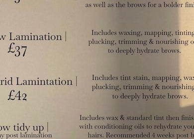 Pricing menu at Brows By LC in Edinburgh, Scotland, GB, showcasing brow lamination and hybrid services.