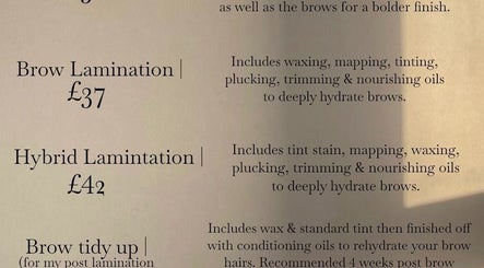 Pricing menu at Brows By LC in Edinburgh, Scotland, GB, showcasing brow lamination and hybrid services.