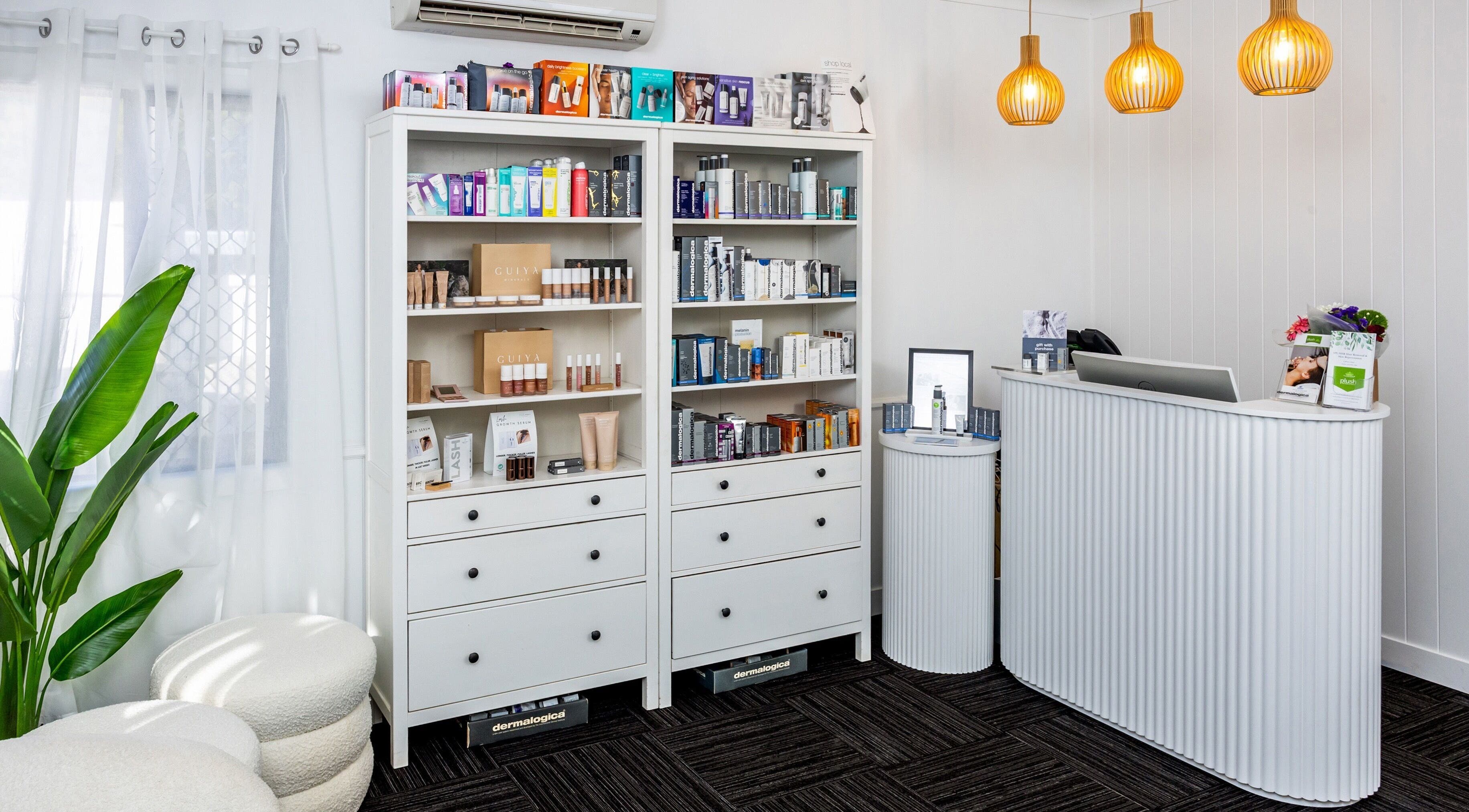 Reception area at Plush Skin Body and Beauty in East Toowoomba, Queensland, AU, featuring elegant product displays.