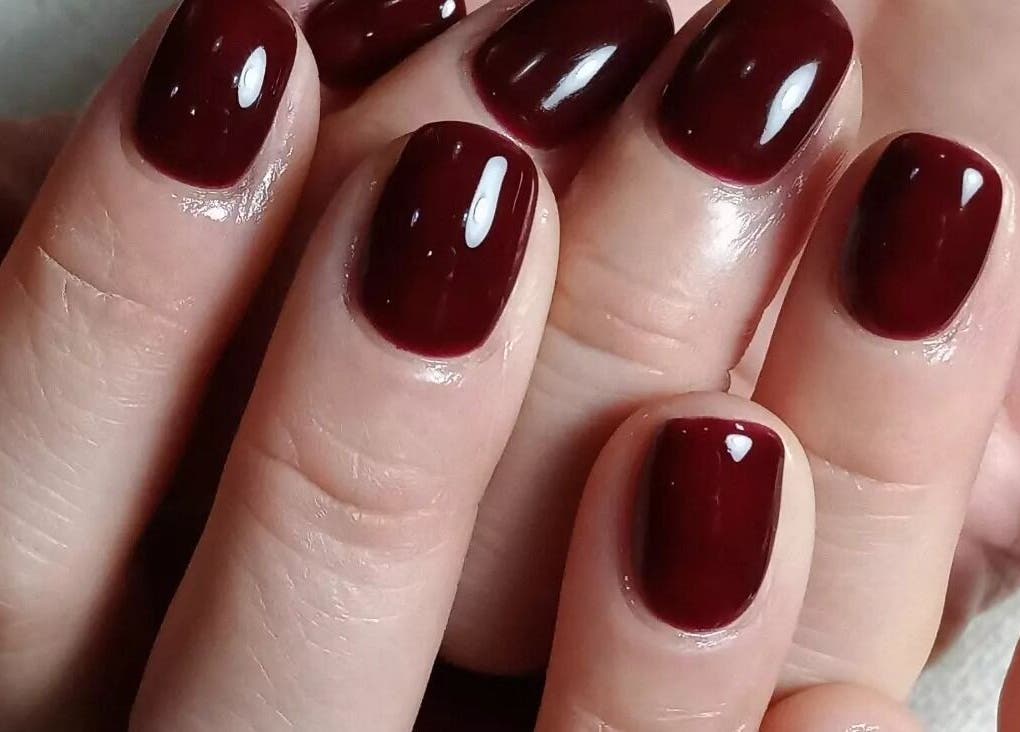 Luxurious burgundy manicure at aQuaeria Nail & Lash, Hong Kong Island, Hong Kong Island, HK.
