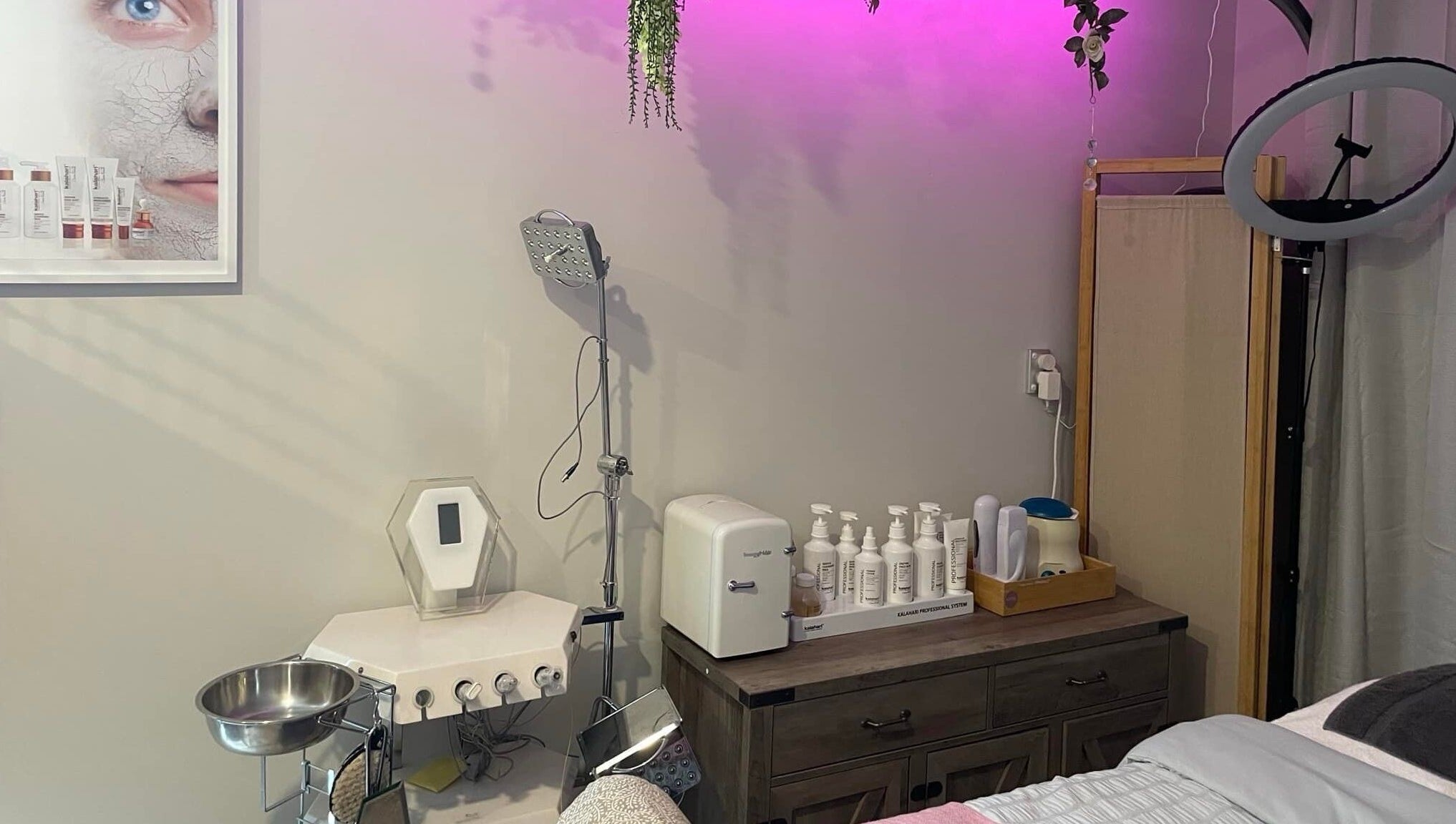 Belle Ame Beauty and Nails treatment room in Millwater, Auckland, NZ with modern equipment and calming decor.