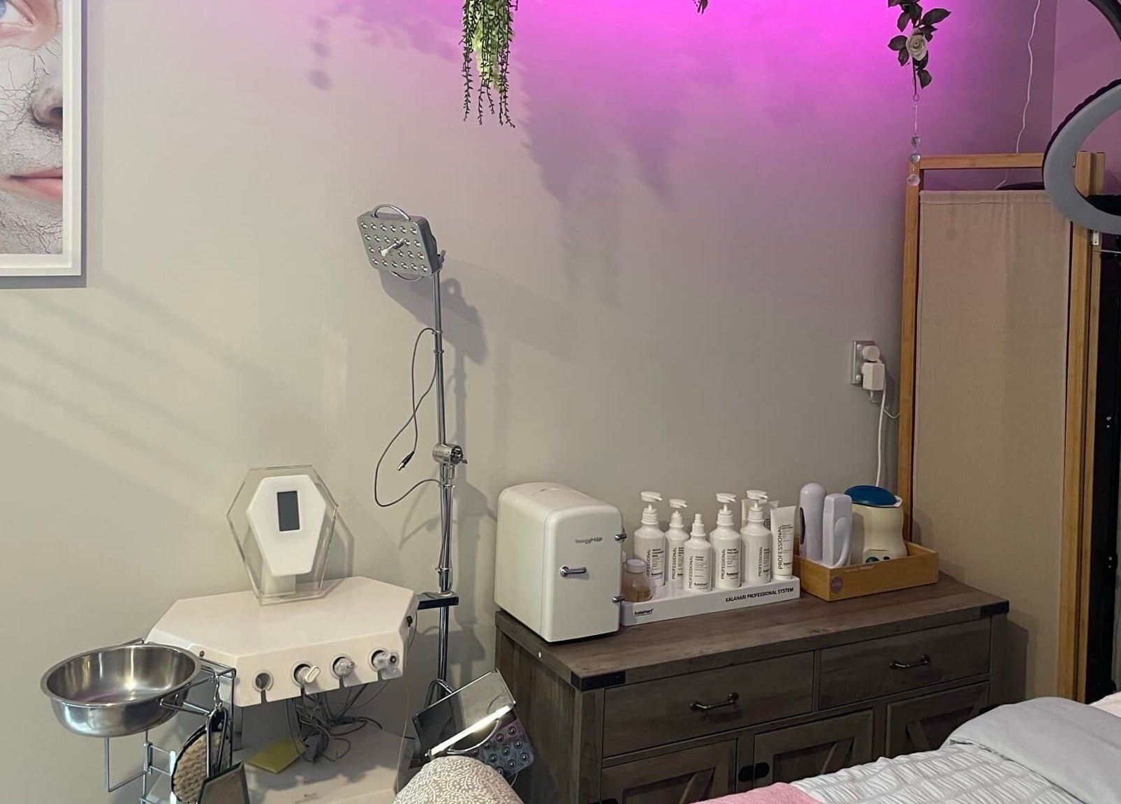 Belle Ame Beauty and Nails treatment room in Millwater, Auckland, NZ with modern equipment and calming decor.