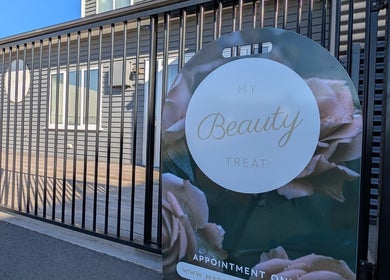 Entrance sign of My Beauty Treat in Rangiora, Canterbury Region, NZ, displaying elegant decor.