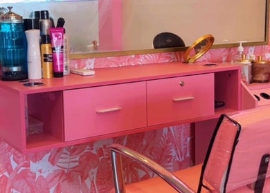 Stylish pink styling station at Politur Nails Beauty Lounge, Los Angeles, California, US.