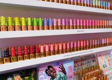Vibrant nail polish selection at Politur Nails Beauty Lounge, Los Angeles, California, US.