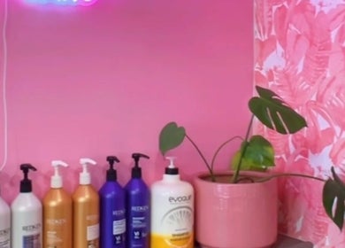 Politur Nails Beauty Lounge decor with neon lights and beauty products in Los Angeles, California, US.