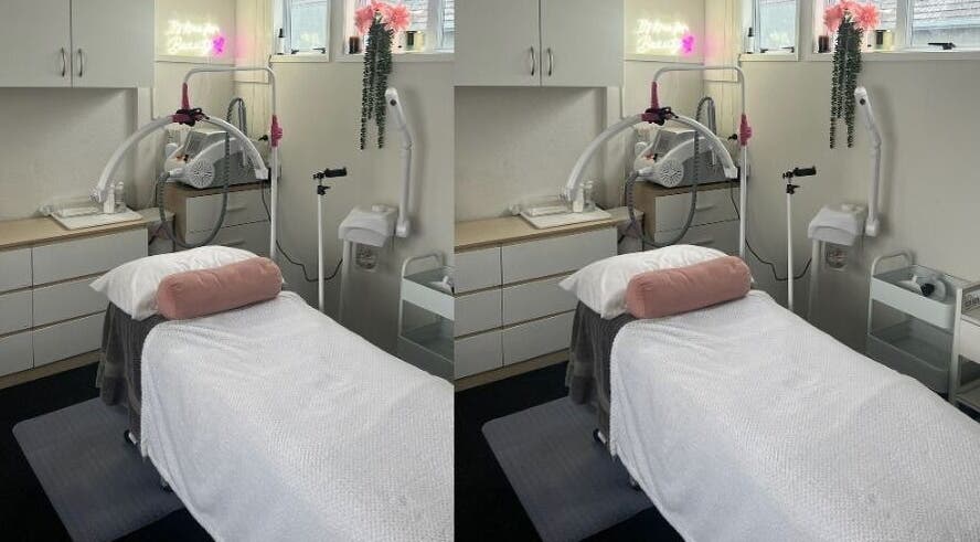 Tranquil treatment room at Hayley Maree's Beauty Howick, Auckland, NZ, featuring a cozy bed and aesthetic tools.