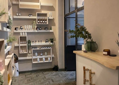 Elixir's serene product display with natural decor at Royal Leamington Spa, England, GB.