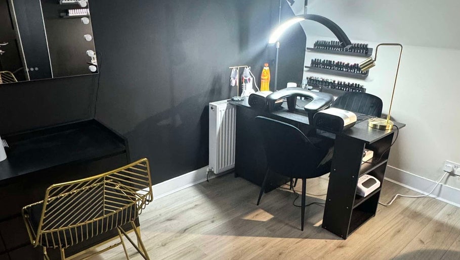Modern nail station at By Ellie Rose in Brightons, Scotland, GB, featuring sleek design and ambient lighting.