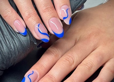 Elegant blue nail art at By Ellie Rose, Brightons, Scotland, GB showcases top beauty design.