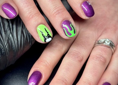 Vibrant purple and green nail art at By Ellie Rose in Brightons, Scotland, GB, showcasing unique creativity.