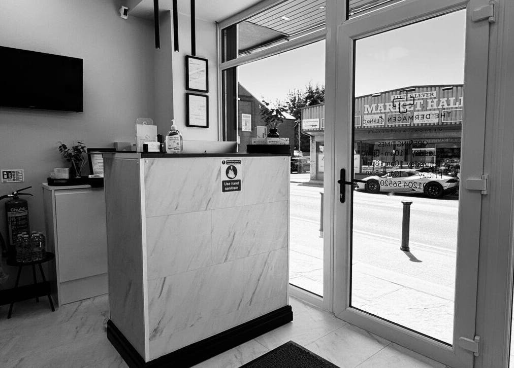 Reception area at The Dermagen Clinic Weybridge, showcasing modern design in Weybridge, England, GB.